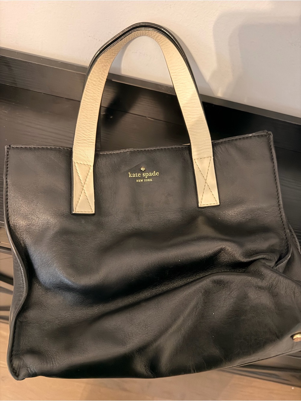 kate spade Black Leather Tote with Cream Handles
